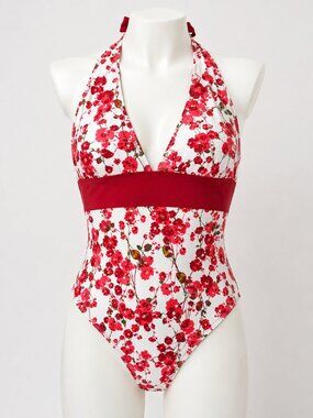 Red Floral Halter One-Piece Swimsuit Retro Pin-Up Style